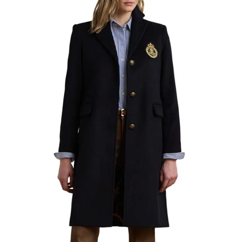 Ralph Lauren Women's Regal Navy Blue Crest Patch Wool Blend Reefer Coat Size 4